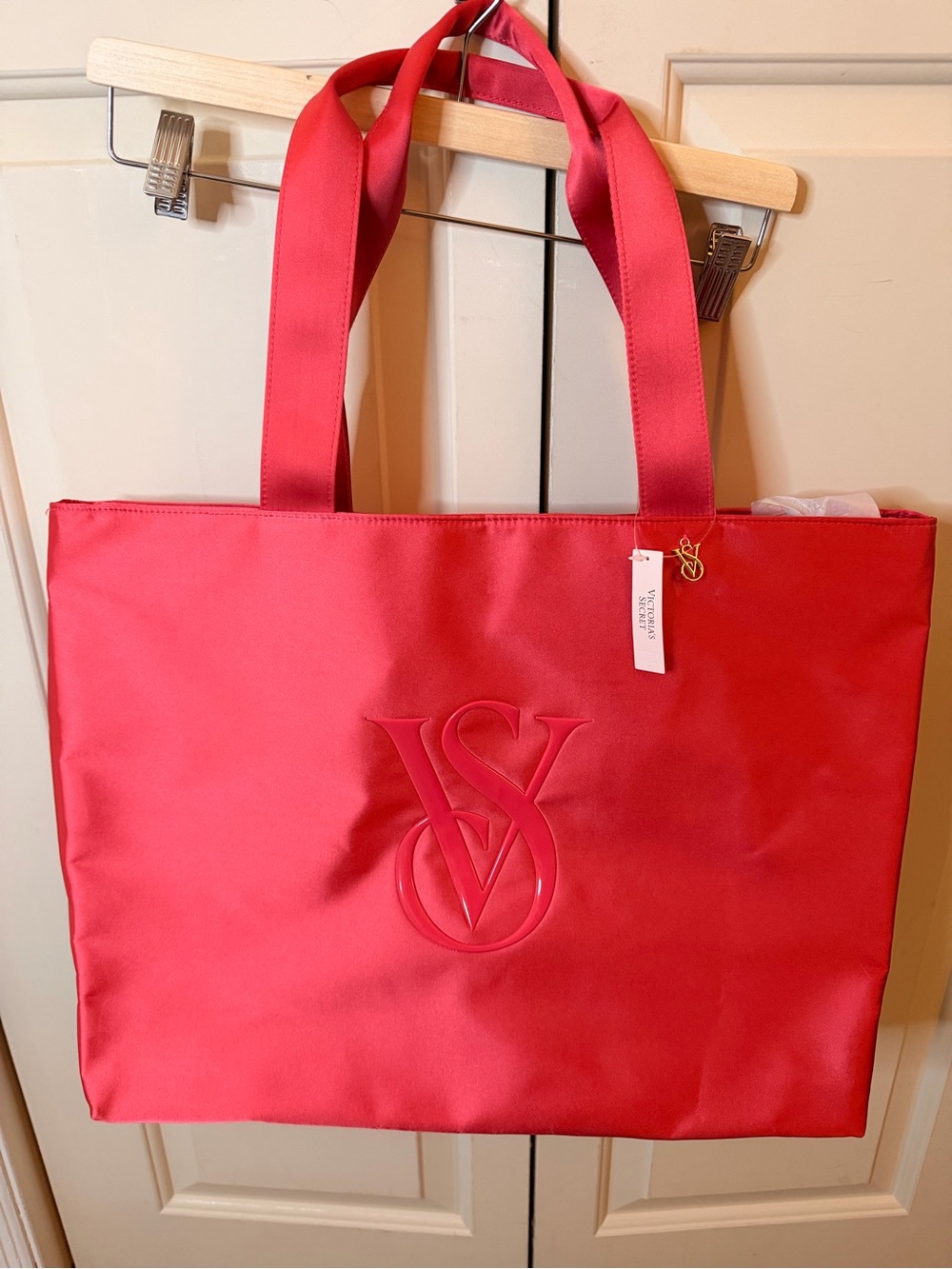 VS Coral Satin Tote Bag with Embossed Logo